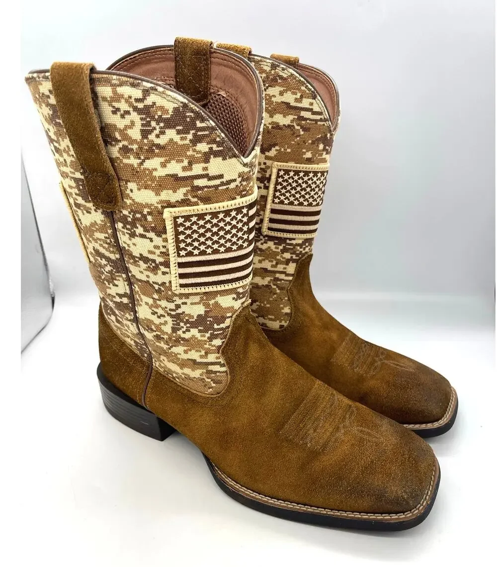 Ariat Men's Sport Patriot Western Boots Leather & Camo Canvas & Flag Size 10.5